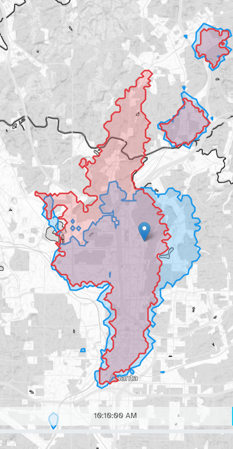 Two shapes on a map, overlapping but with a one extending much farther to the top
