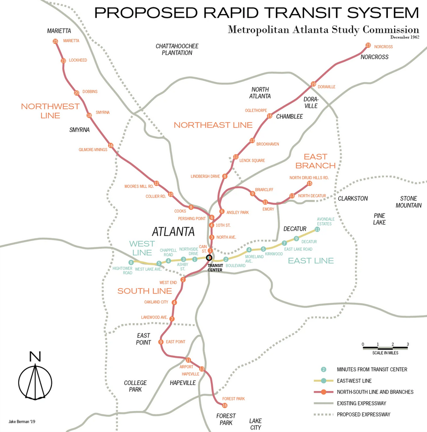 A transit system map that differs from the current one in many ways, including a stop for Ansley Park.