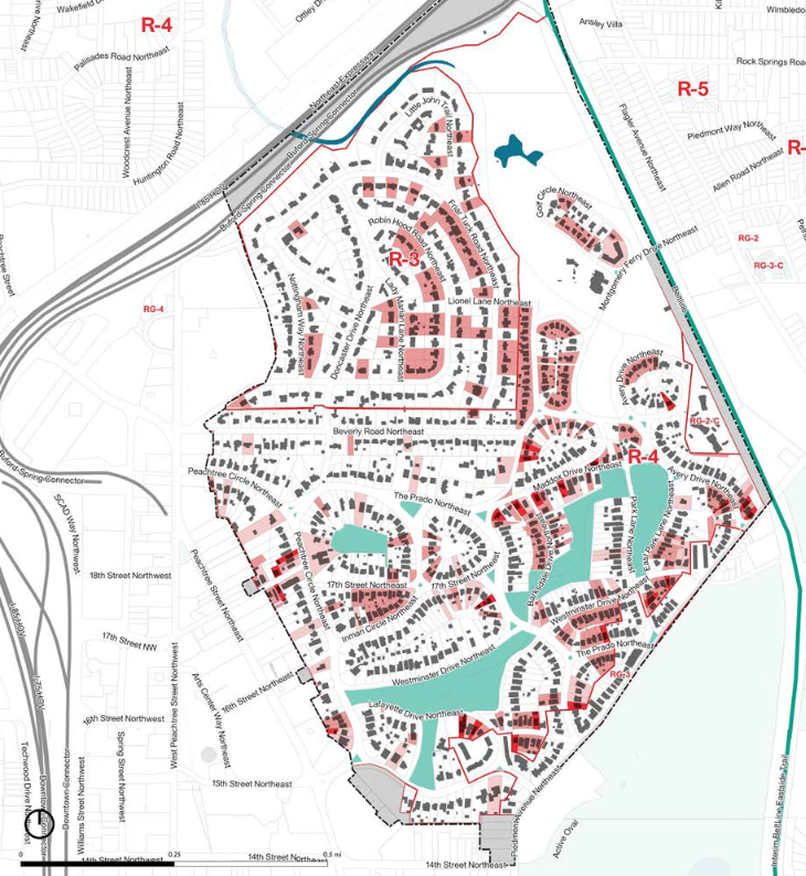 A map of nonconformities due to lot size, building coverage, FAR and/or use. Shades of red from light to dark are: use, form, both. An explanation of this analysis can be found in the link below.