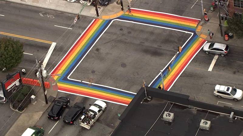 An aerial photo of the rainbow crosswalk